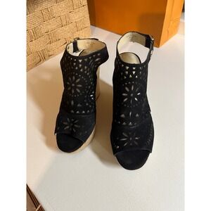 Marc Fisher Black Suede Laser Cut Wedge Sandals Espadrille Peep Toe 6.5M 231